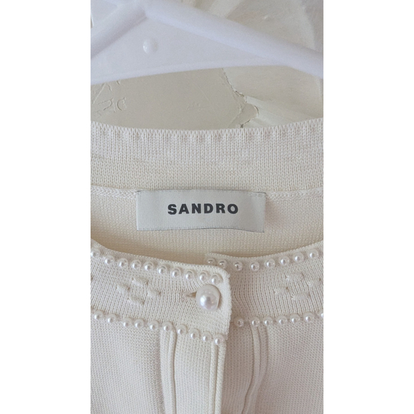 Sandro Paris Pearl Trim Cream Knit Cropped Cardigan Sweater - Picture 5 of 6